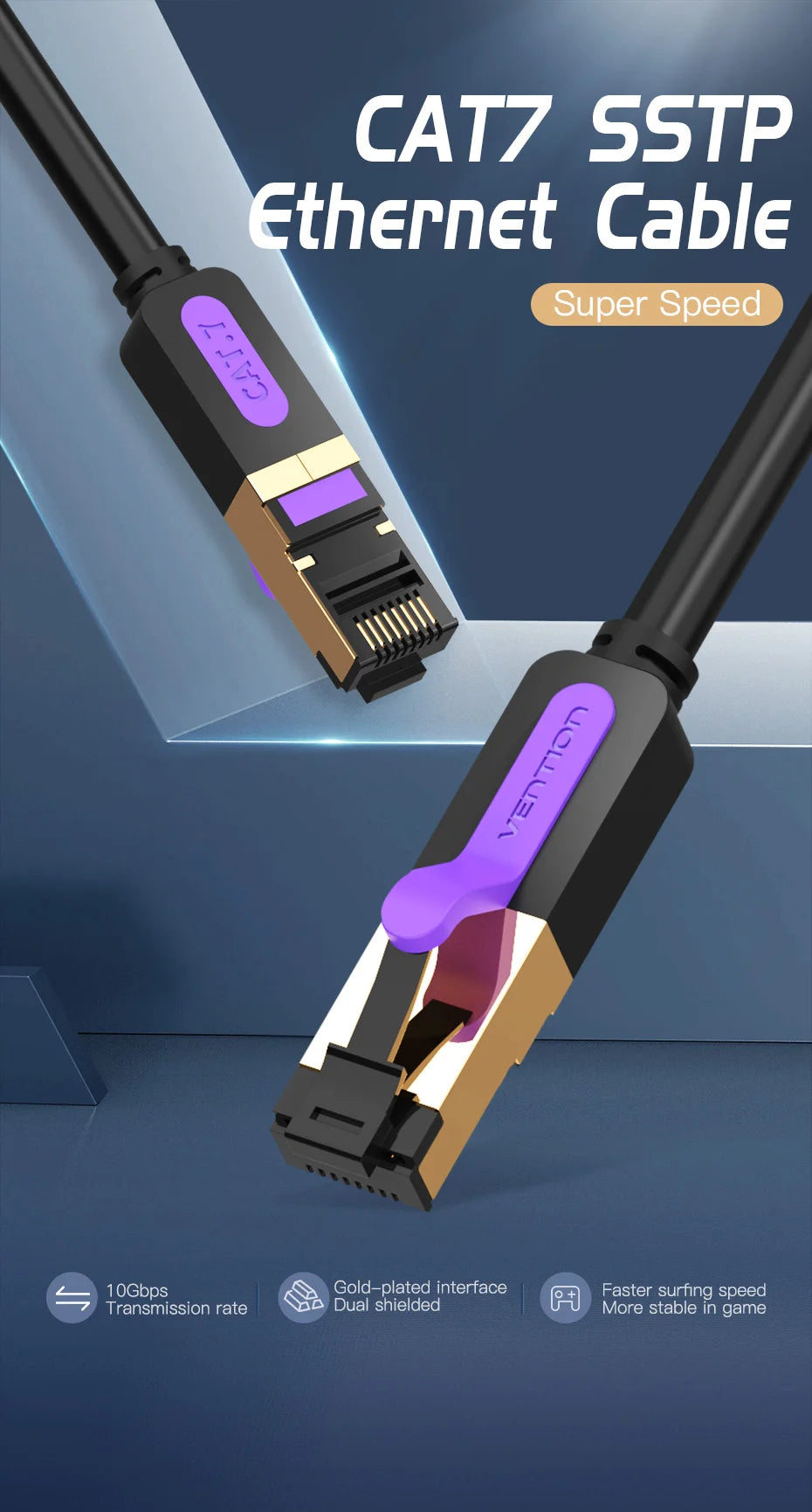 Vention Cat7 Ethernet Cable — 10Gbps SSTP RJ45, Flat or Round, 0.3m–20m