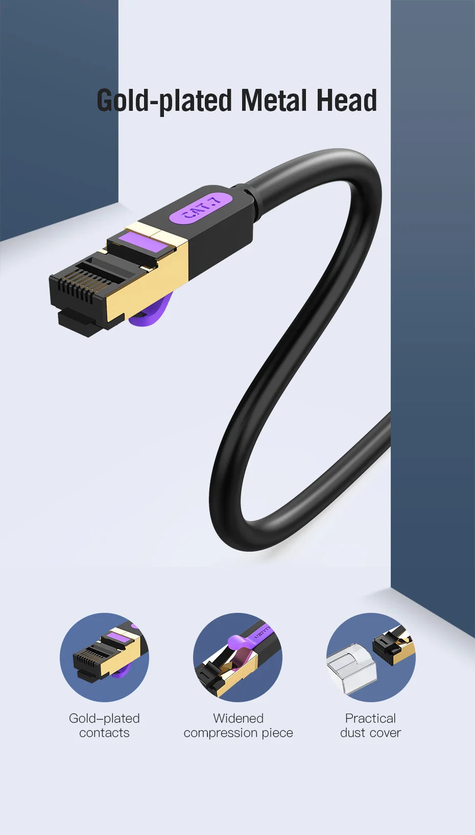 Vention Cat7 Ethernet Cable — 10Gbps SSTP RJ45, Flat or Round, 0.3m–20m