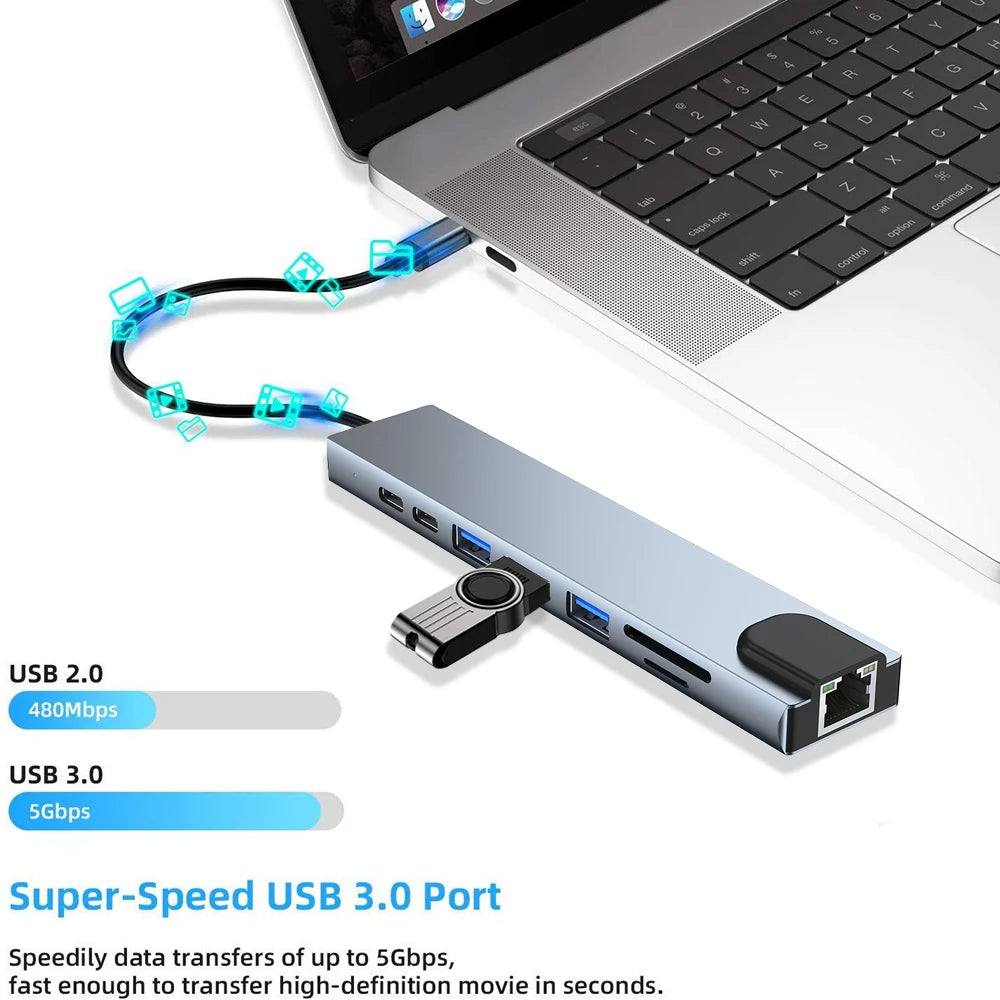 8-in-1 USB-C Docking Station – 4K HDMI, Gigabit-Style RJ45, SD/TF Card Reader, 100W PD