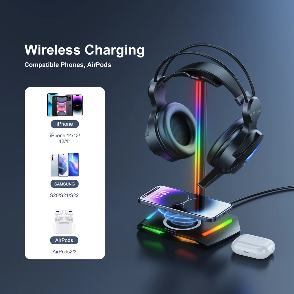 New Bee Z12 RGB Headphone Stand with 5W Qi Wireless Charging Base & USB Ports