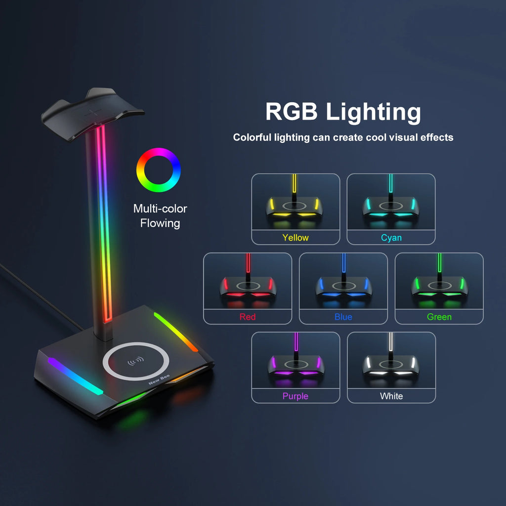New Bee Z12 RGB Headphone Stand with 5W Qi Wireless Charging Base & USB Ports