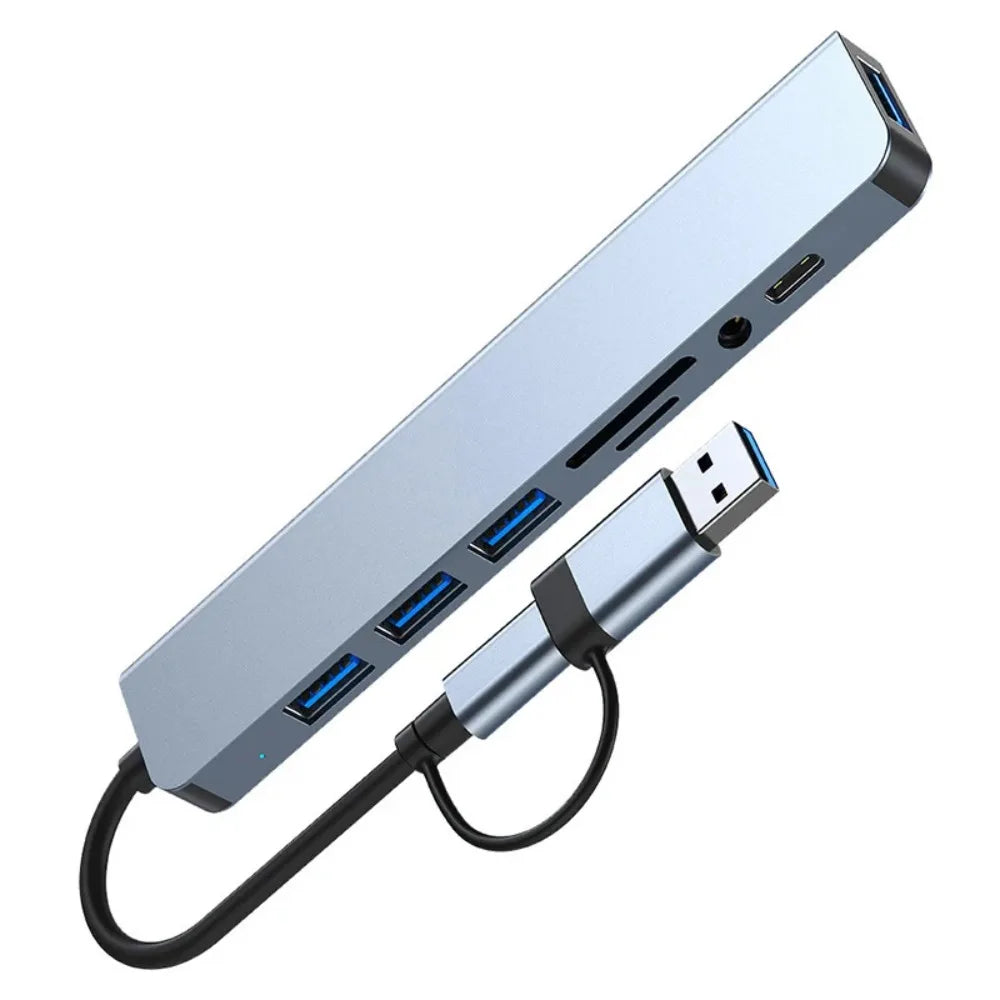 8-in-2 USB-C & USB-A Docking Hub – 3.5mm Audio, SD/TF Card Reader, USB 3.0