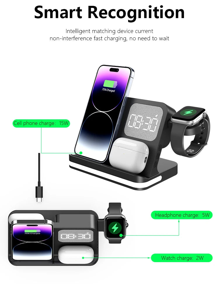 4-in-1 Desktop Wireless Charging Station with Digital Clock — 15W Qi, USB-A Port
