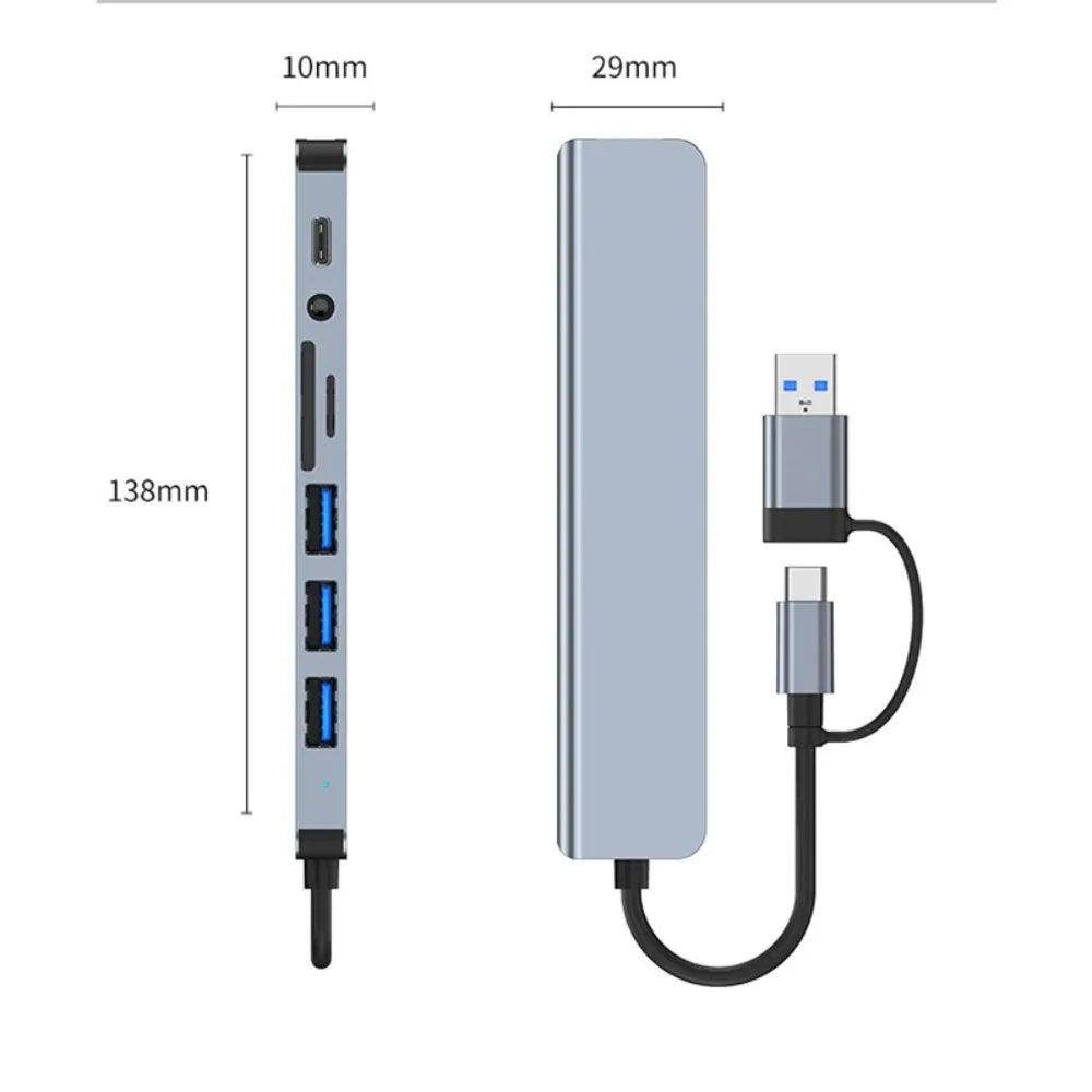 8-in-2 USB-C & USB-A Docking Hub – 3.5mm Audio, SD/TF Card Reader, USB 3.0