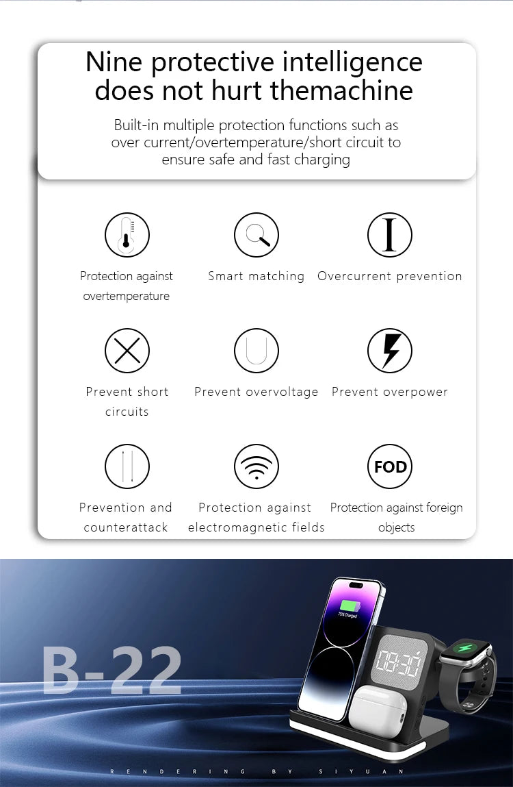 4-in-1 Desktop Wireless Charging Station with Digital Clock — 15W Qi, USB-A Port