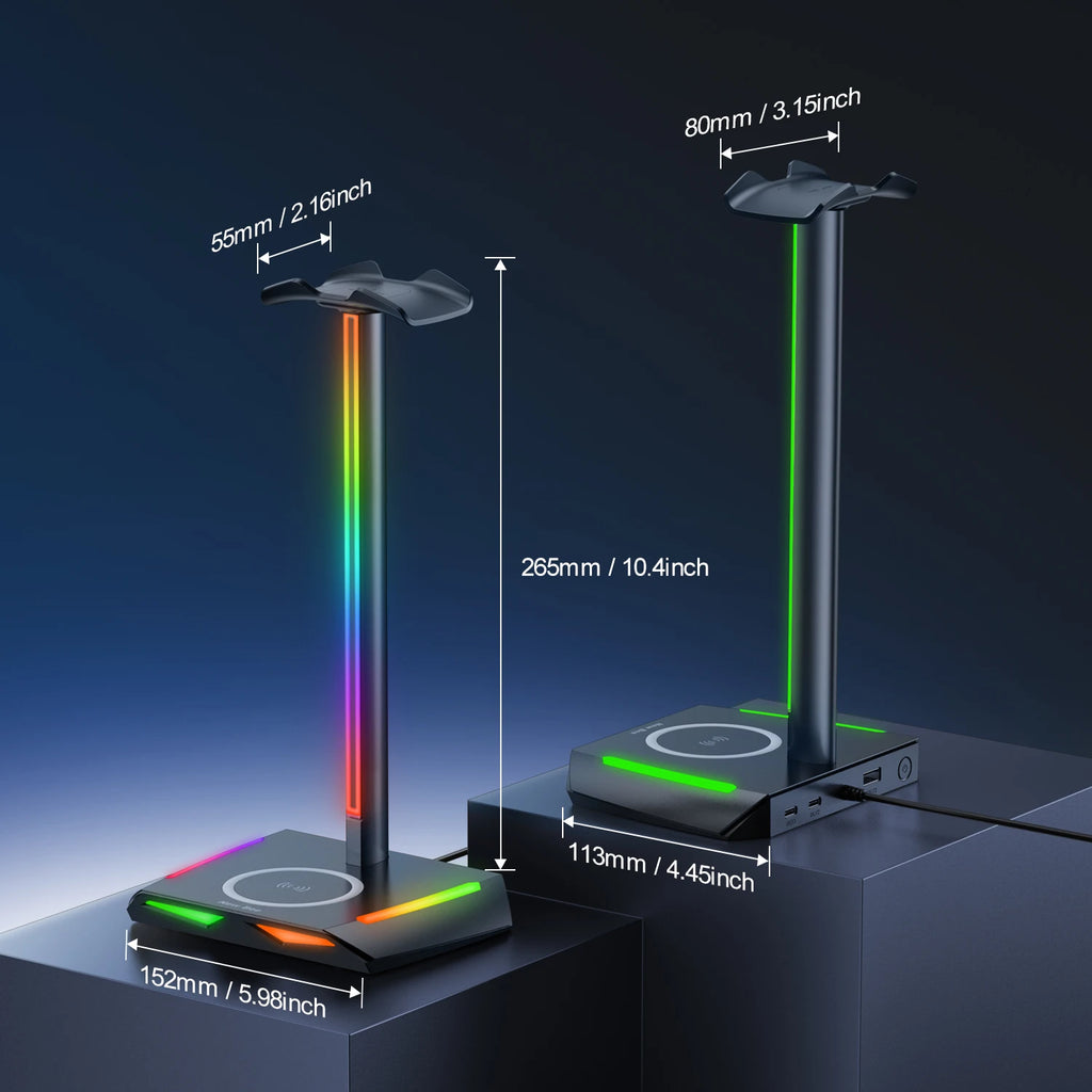 New Bee Z12 RGB Headphone Stand with 5W Qi Wireless Charging Base & USB Ports