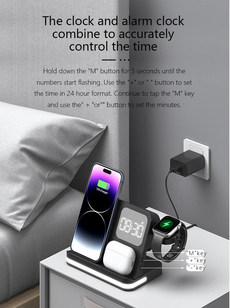 4-in-1 Desktop Wireless Charging Station with Digital Clock — 15W Qi, USB-A Port