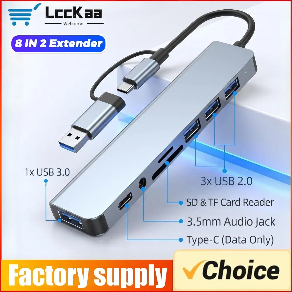 8-in-2 USB-C & USB-A Docking Hub – 3.5mm Audio, SD/TF Card Reader, USB 3.0