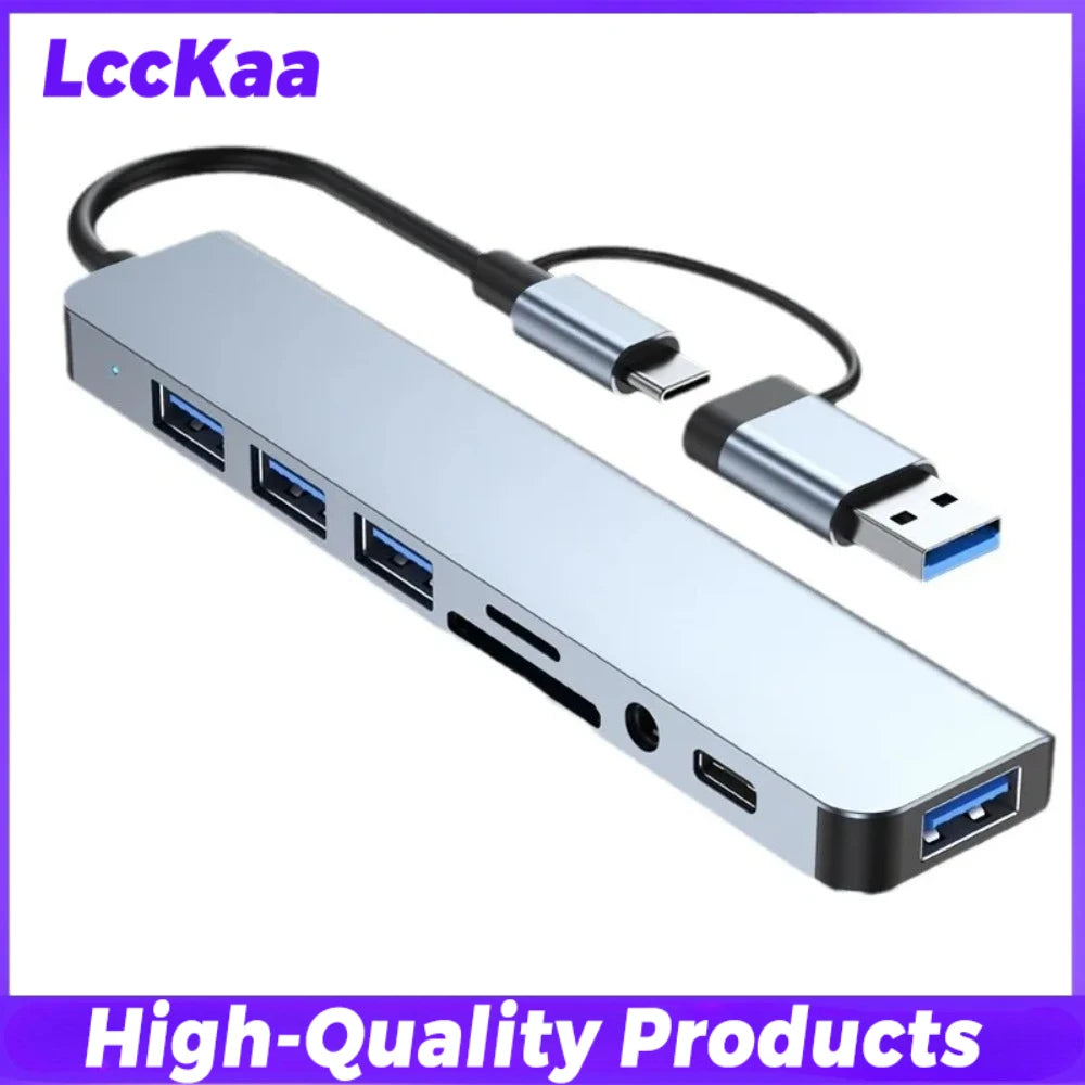 8-in-2 USB-C & USB-A Docking Hub – 3.5mm Audio, SD/TF Card Reader, USB 3.0