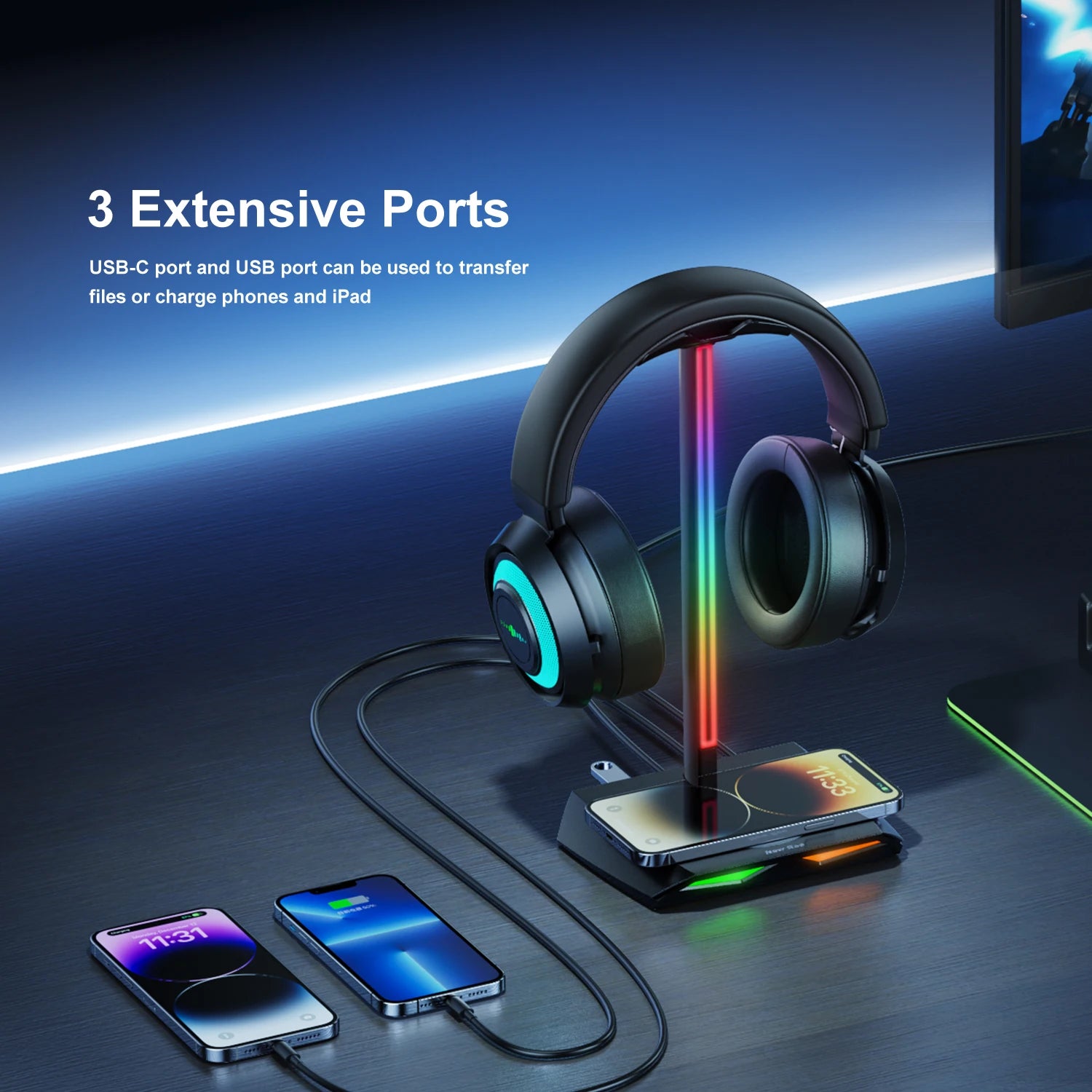 New Bee Z12 RGB Headphone Stand with 5W Qi Wireless Charging Base & USB Ports