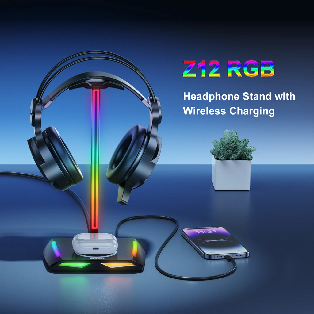 New Bee Z12 RGB Headphone Stand with 5W Qi Wireless Charging Base & USB Ports