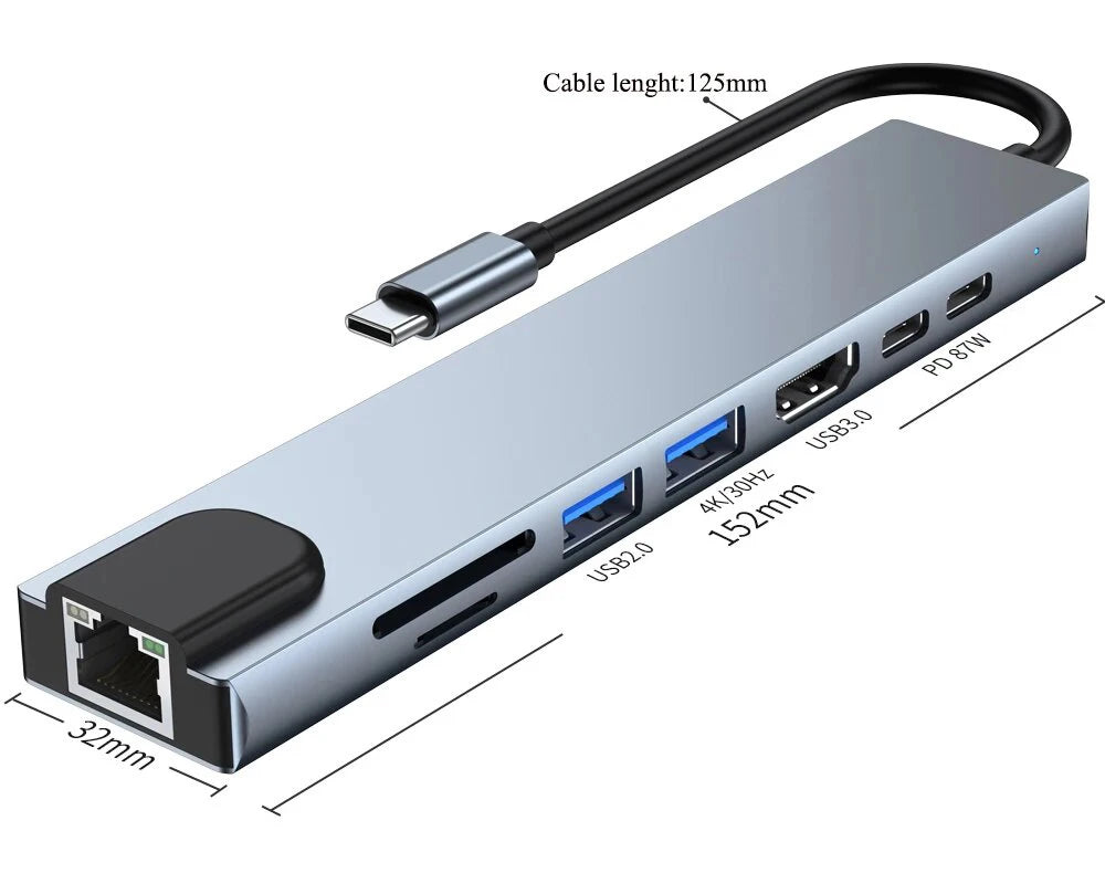 8-in-1 USB-C Docking Station – 4K HDMI, Gigabit-Style RJ45, SD/TF Card Reader, 100W PD