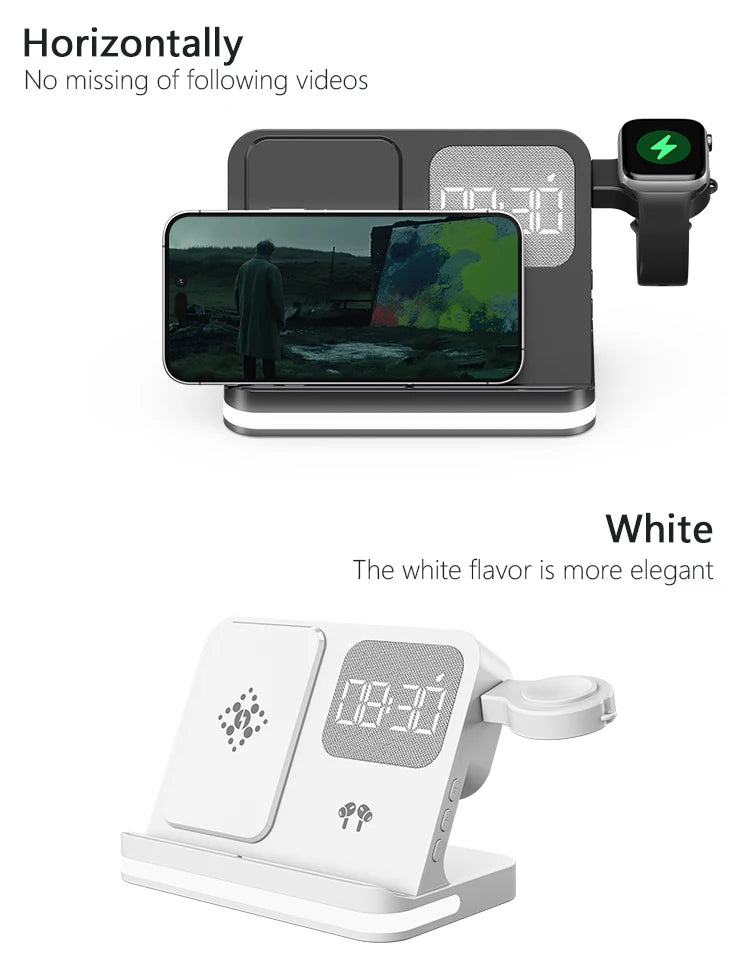 4-in-1 Desktop Wireless Charging Station with Digital Clock — 15W Qi, USB-A Port