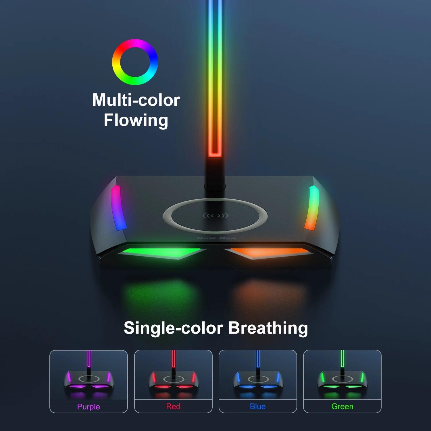 New Bee Z12 RGB Headphone Stand with 5W Qi Wireless Charging Base & USB Ports