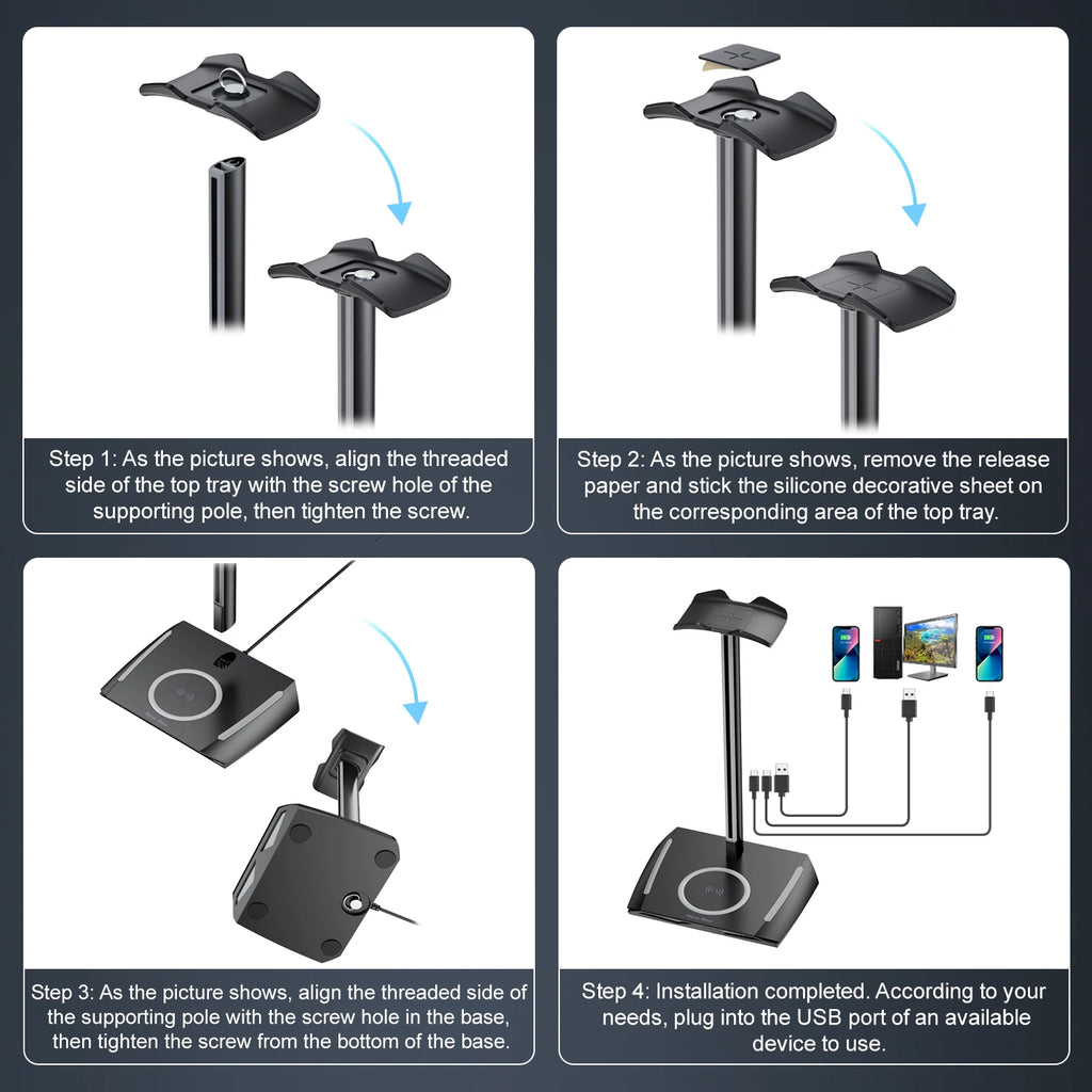 New Bee Z12 RGB Headphone Stand with 5W Qi Wireless Charging Base & USB Ports