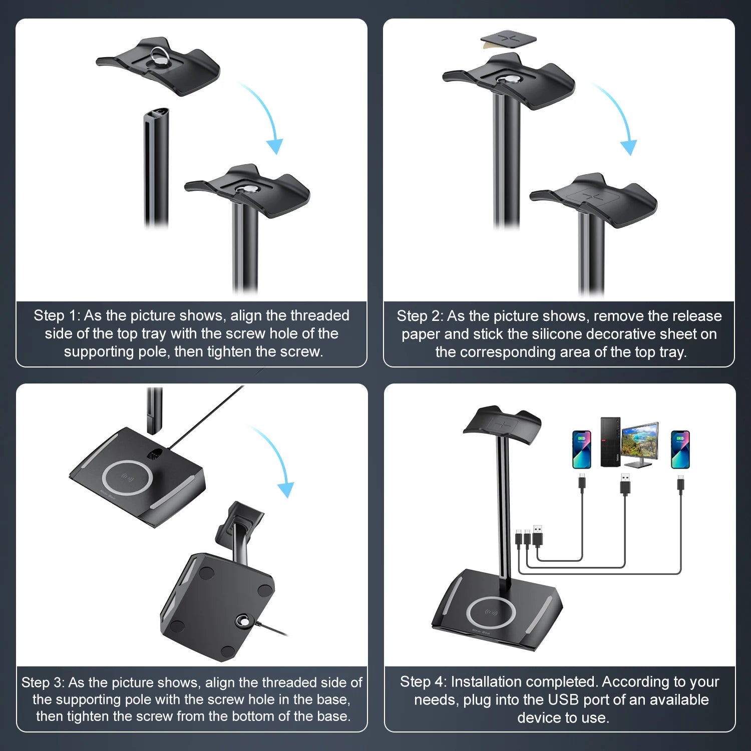 New Bee Z12 RGB Headphone Stand with 5W Qi Wireless Charging Base & USB Ports