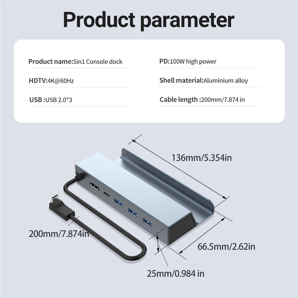 5-in-1 USB-C Docking Station – 4K HDMI, 100W PD, USB Hub for Switch, Steam Deck & Laptops