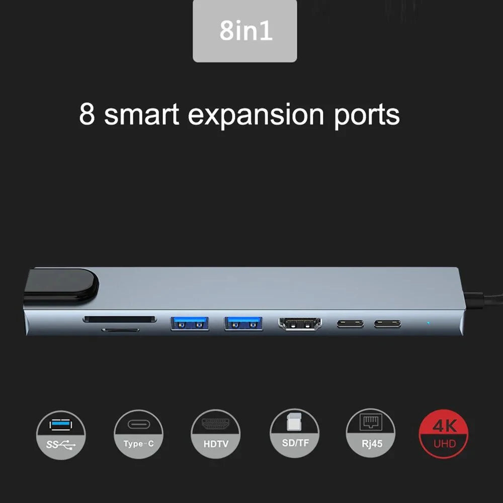 8-in-1 USB-C Docking Station – 4K HDMI, Gigabit-Style RJ45, SD/TF Card Reader, 100W PD