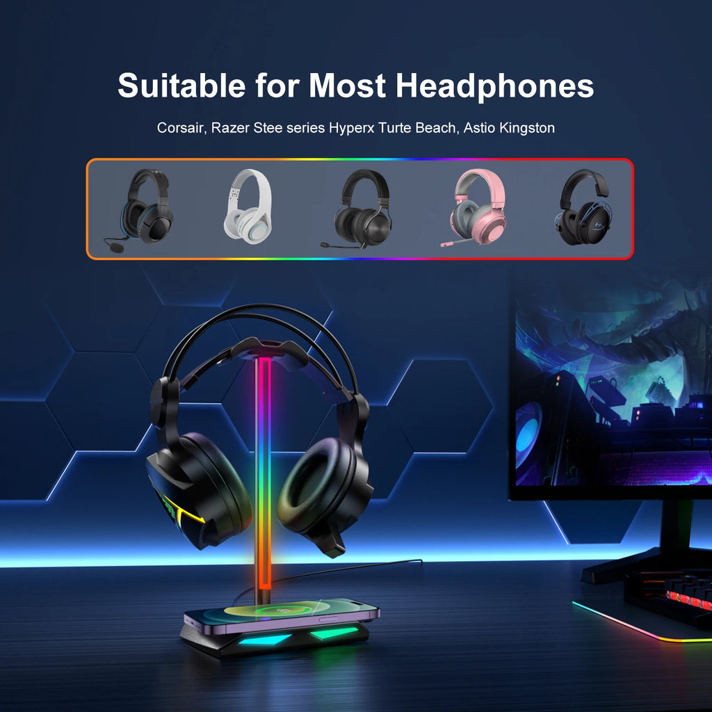 New Bee Z12 RGB Headphone Stand with 5W Qi Wireless Charging Base & USB Ports