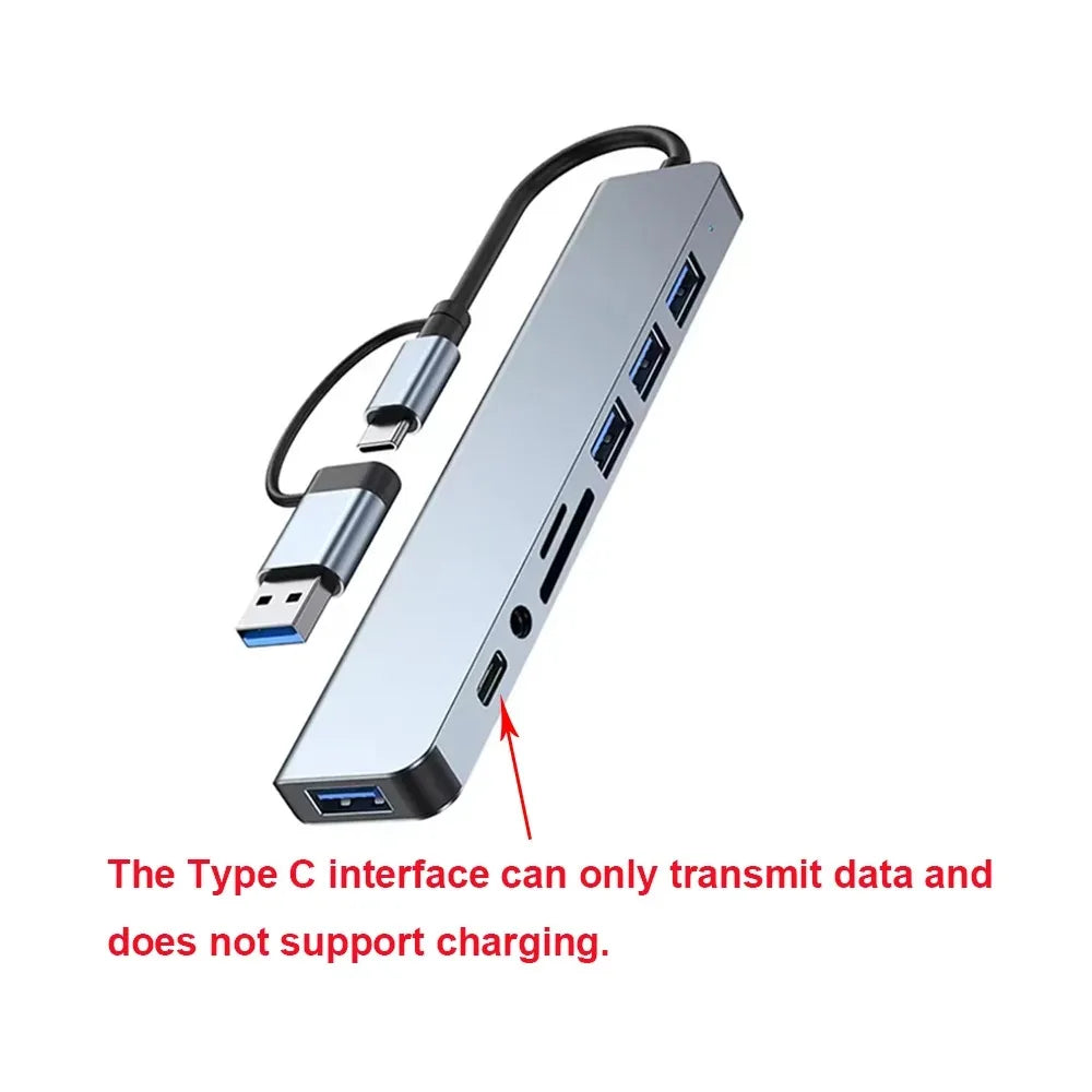 8-in-2 USB-C & USB-A Docking Hub – 3.5mm Audio, SD/TF Card Reader, USB 3.0