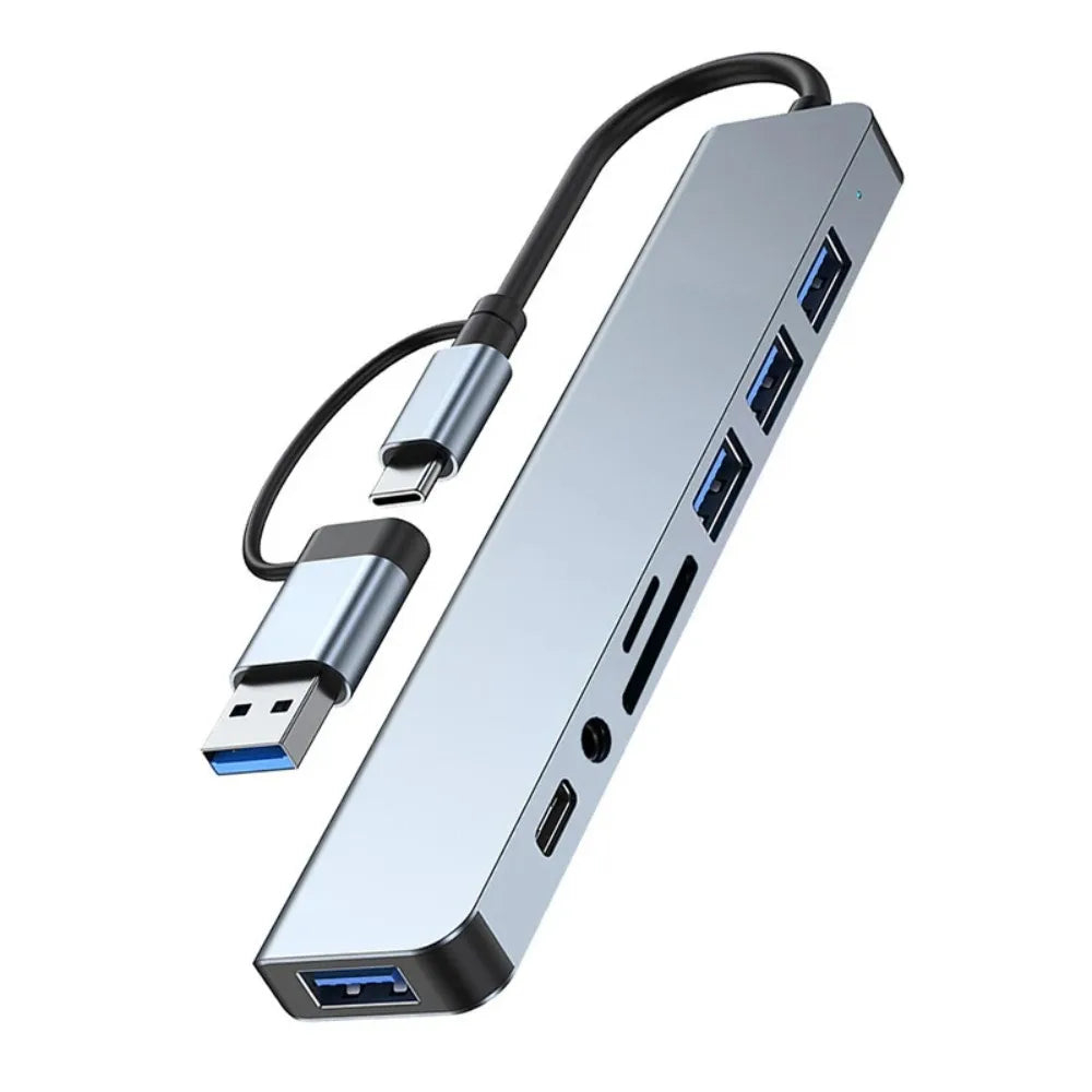 8-in-2 USB-C & USB-A Docking Hub – 3.5mm Audio, SD/TF Card Reader, USB 3.0