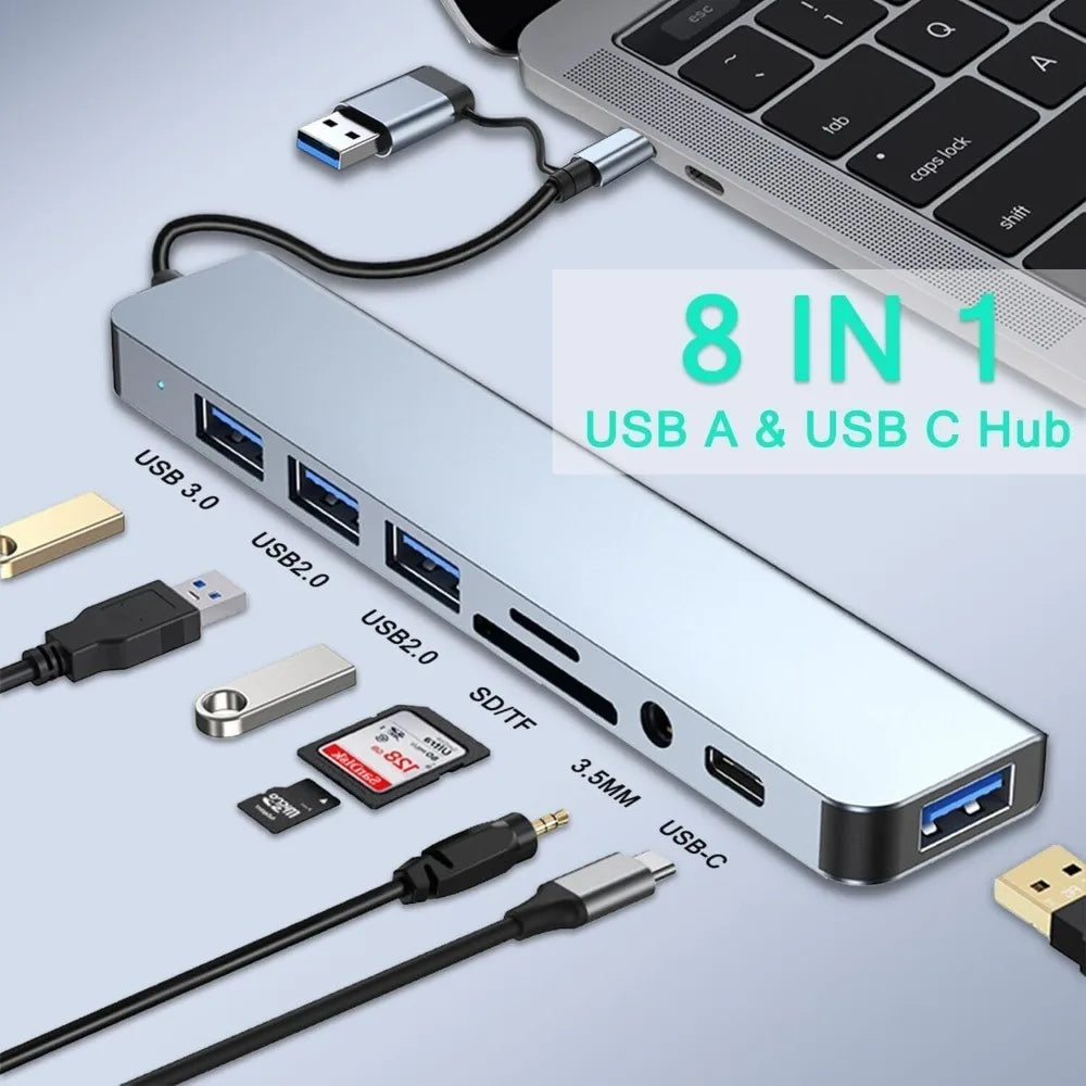 8-in-2 USB-C & USB-A Docking Hub – 3.5mm Audio, SD/TF Card Reader, USB 3.0