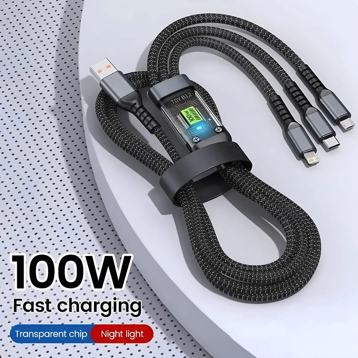3-in-1 Nylon Braided Fast Charging Cable — USB-C, Lightning & Micro USB, 100W