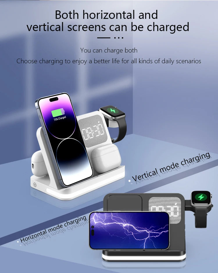 4-in-1 Desktop Wireless Charging Station with Digital Clock — 15W Qi, USB-A Port