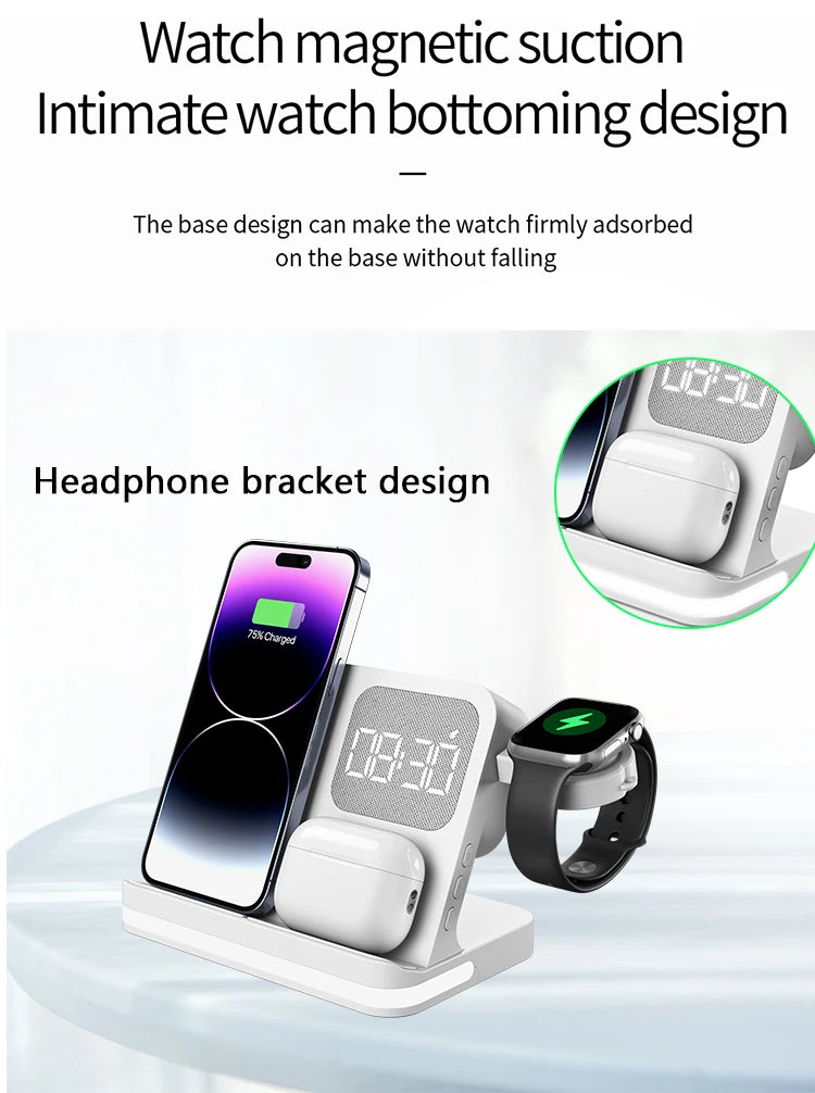 4-in-1 Desktop Wireless Charging Station with Digital Clock — 15W Qi, USB-A Port