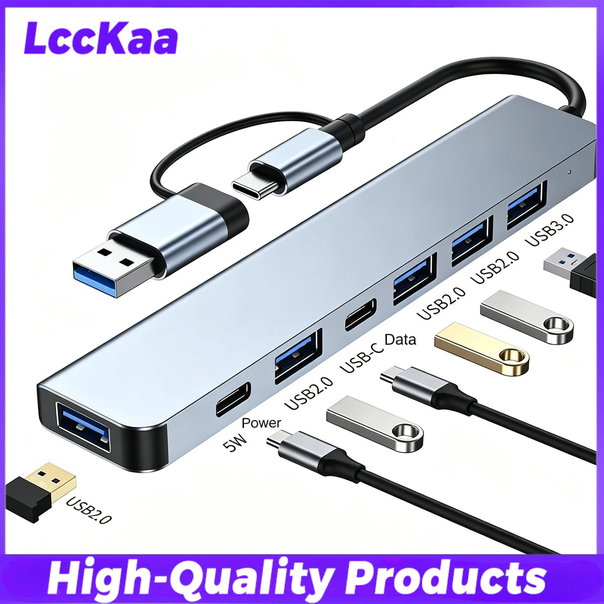 8-in-2 USB-C & USB-A Docking Hub – 3.5mm Audio, SD/TF Card Reader, USB 3.0