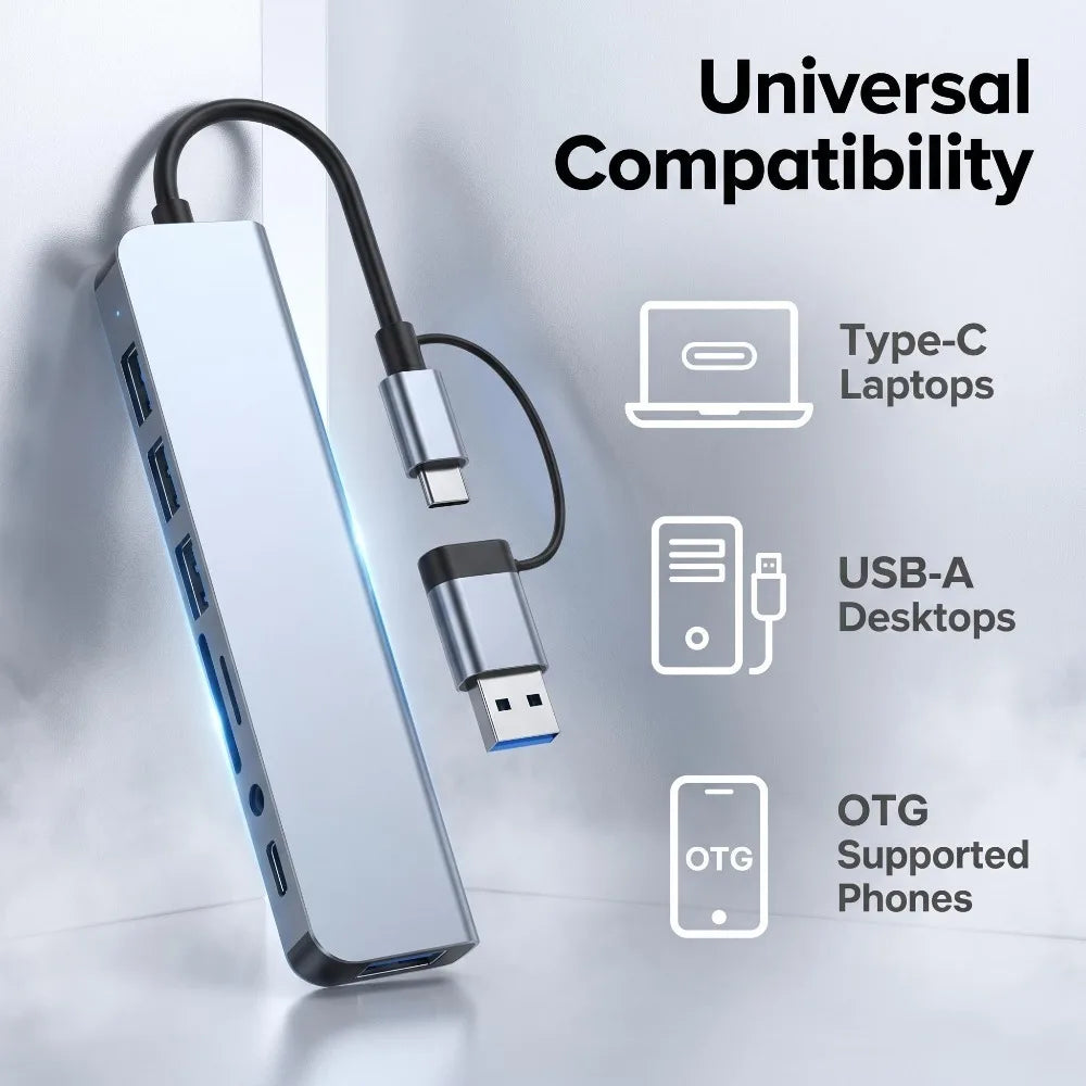 8-in-2 USB-C & USB-A Docking Hub – 3.5mm Audio, SD/TF Card Reader, USB 3.0