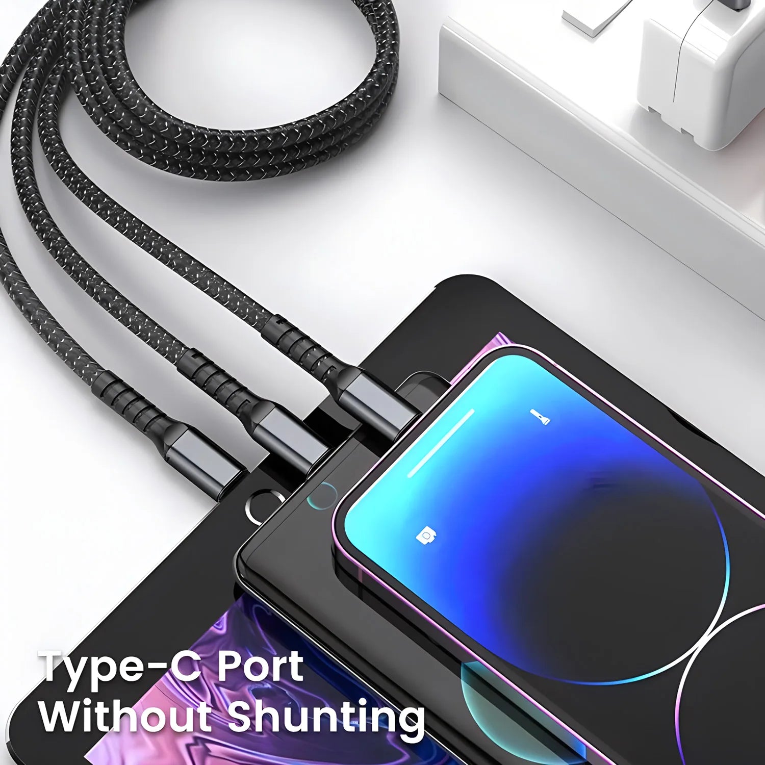 3-in-1 Nylon Braided Fast Charging Cable — USB-C, Lightning & Micro USB, 100W
