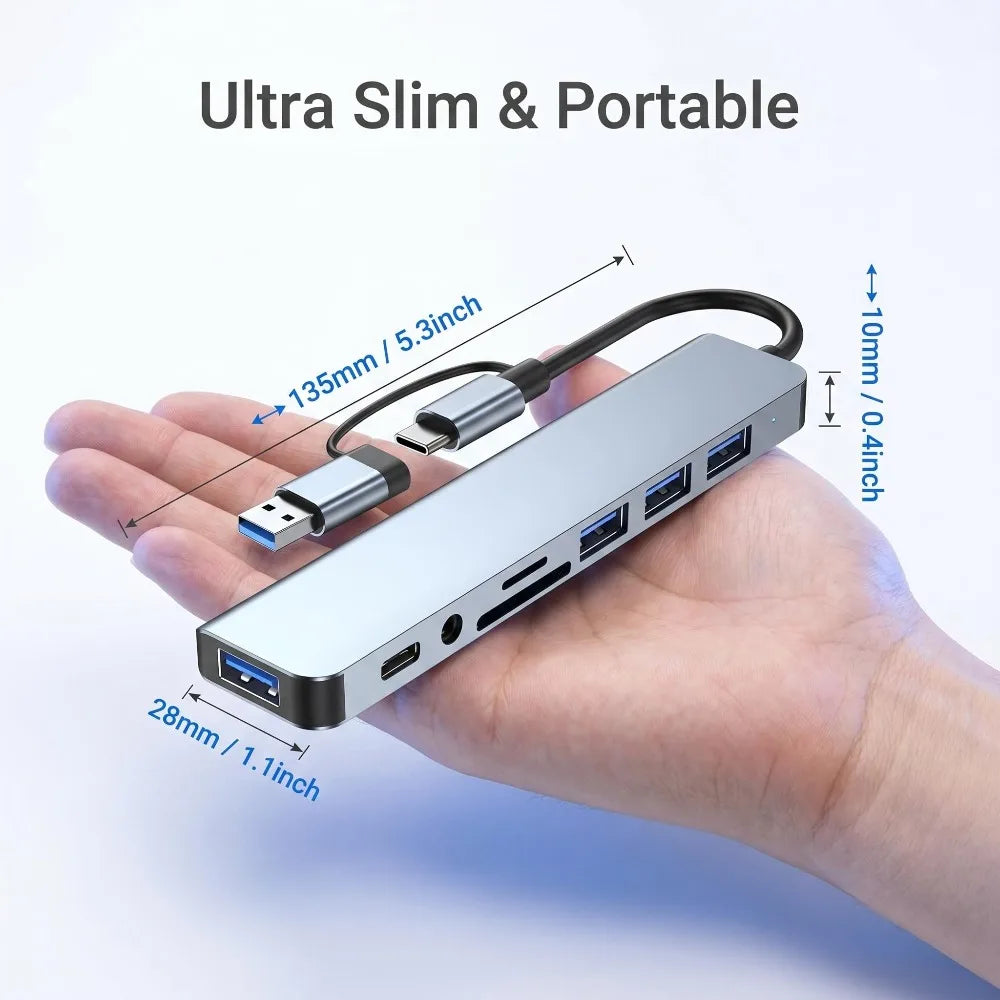 8-in-2 USB-C & USB-A Docking Hub – 3.5mm Audio, SD/TF Card Reader, USB 3.0