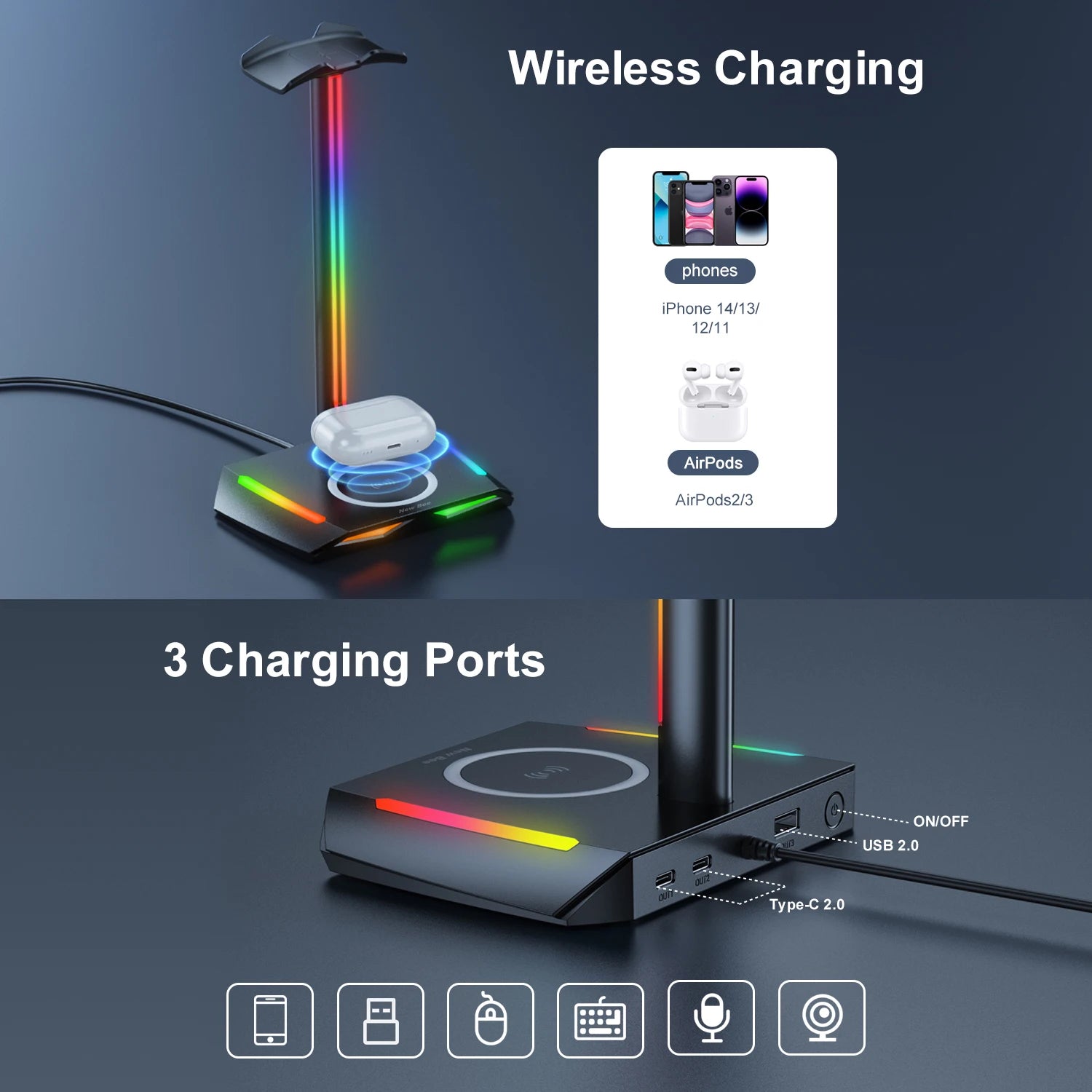 New Bee Z12 RGB Headphone Stand with 5W Qi Wireless Charging Base & USB Ports