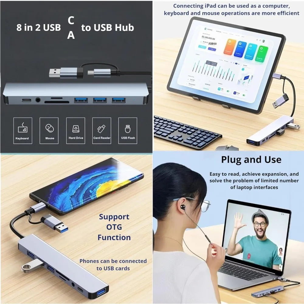 8-in-2 USB-C & USB-A Docking Hub – 3.5mm Audio, SD/TF Card Reader, USB 3.0