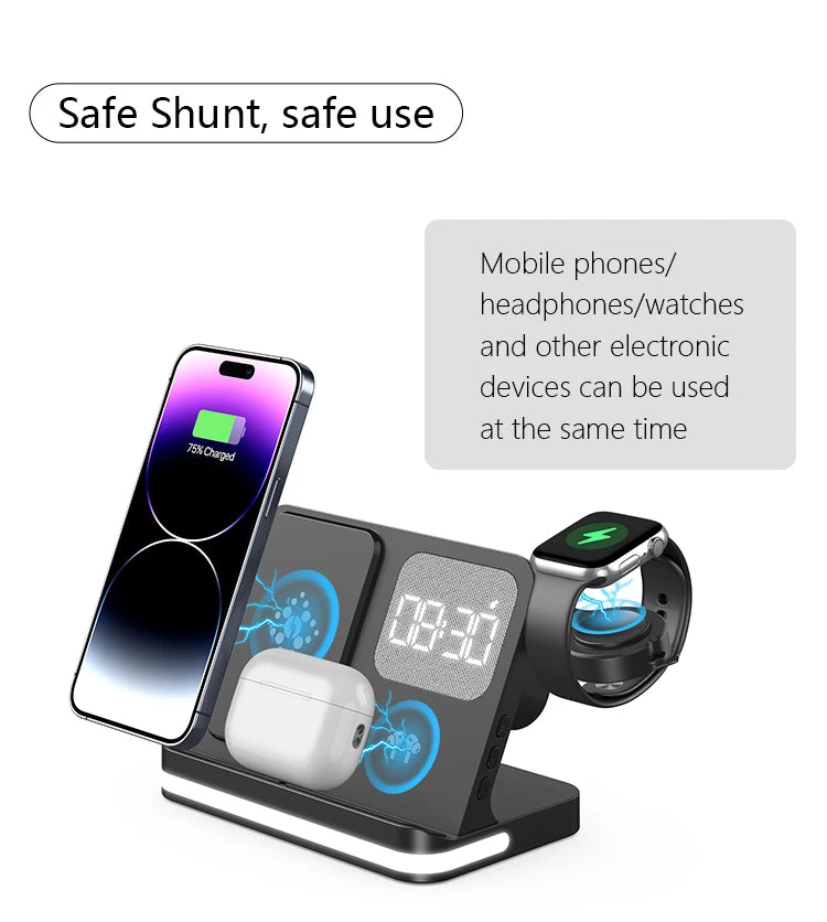 4-in-1 Desktop Wireless Charging Station with Digital Clock — 15W Qi, USB-A Port