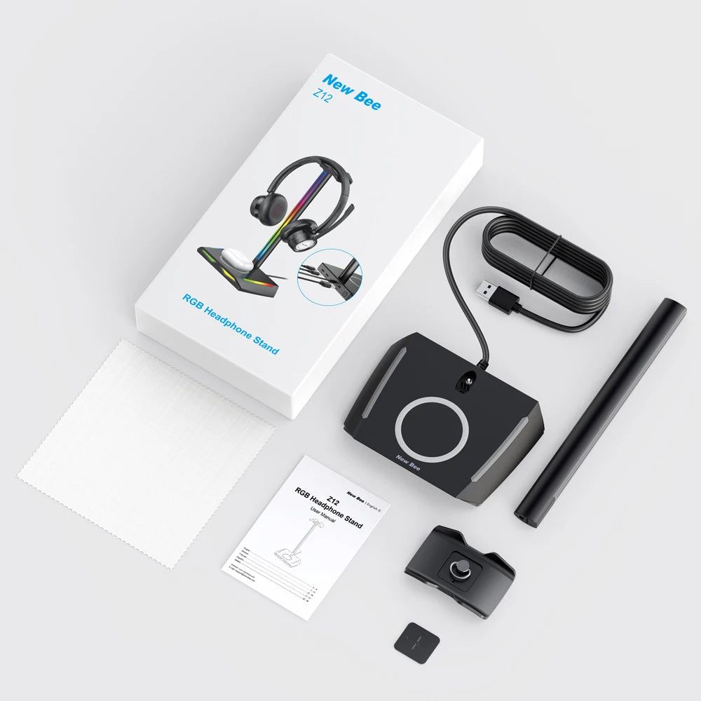New Bee Z12 RGB Headphone Stand with 5W Qi Wireless Charging Base & USB Ports