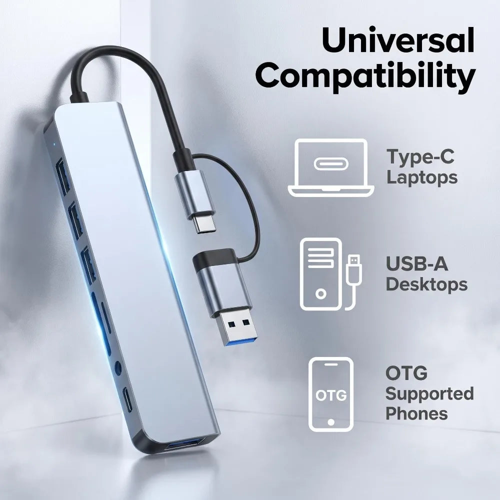 8-in-2 USB-C & USB-A Docking Hub – 3.5mm Audio, SD/TF Card Reader, USB 3.0