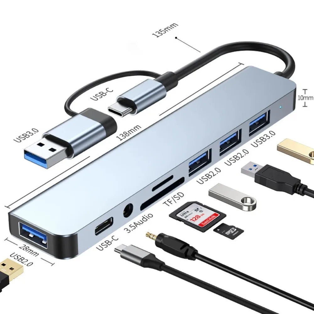 8-in-2 USB-C & USB-A Docking Hub – 3.5mm Audio, SD/TF Card Reader, USB 3.0