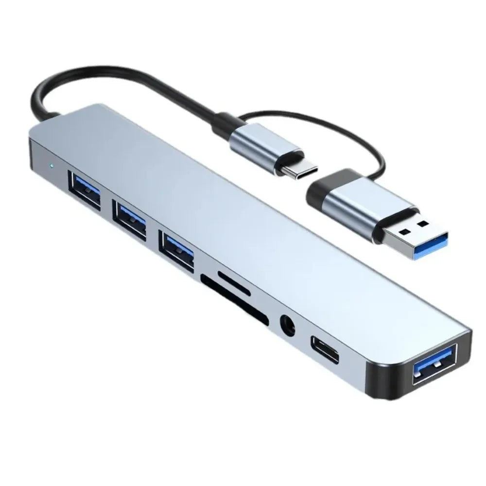 8-in-2 USB-C & USB-A Docking Hub – 3.5mm Audio, SD/TF Card Reader, USB 3.0