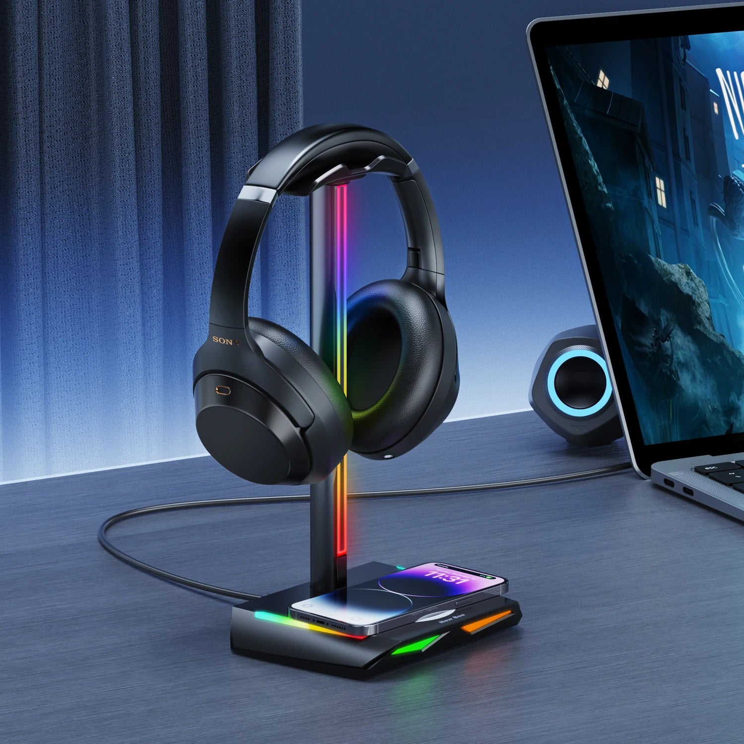 New Bee Z12 RGB Headphone Stand with 5W Qi Wireless Charging Base & USB Ports