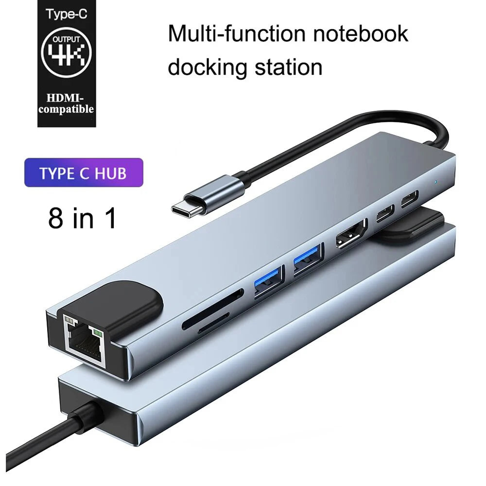 8-in-1 USB-C Docking Station – 4K HDMI, Gigabit-Style RJ45, SD/TF Card Reader, 100W PD