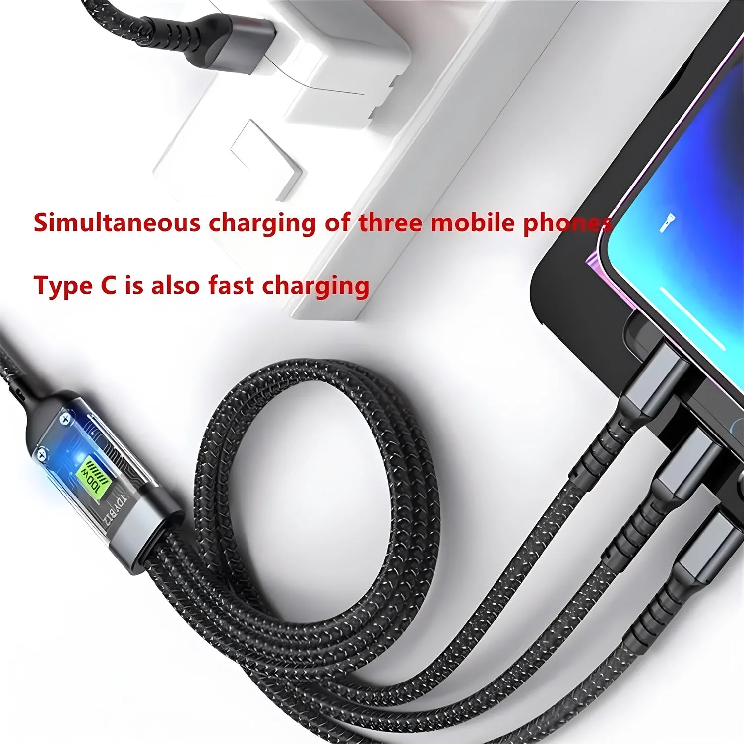 3-in-1 Nylon Braided Fast Charging Cable — USB-C, Lightning & Micro USB, 100W