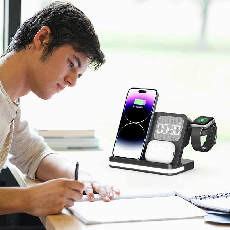 4-in-1 Desktop Wireless Charging Station with Digital Clock — 15W Qi, USB-A Port