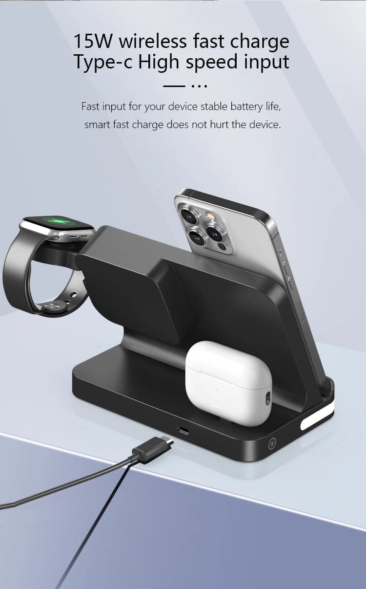 4-in-1 Desktop Wireless Charging Station with Digital Clock — 15W Qi, USB-A Port