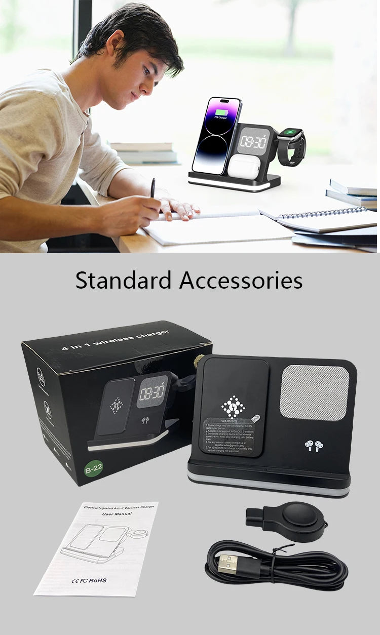 4-in-1 Desktop Wireless Charging Station with Digital Clock — 15W Qi, USB-A Port