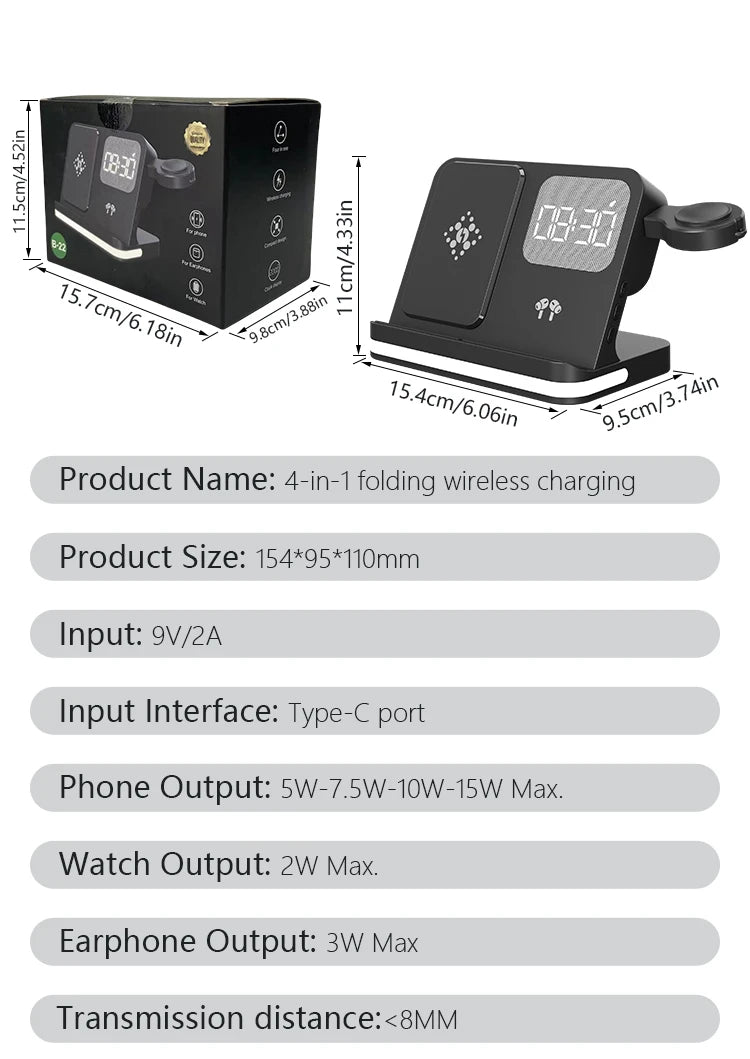 4-in-1 Desktop Wireless Charging Station with Digital Clock — 15W Qi, USB-A Port