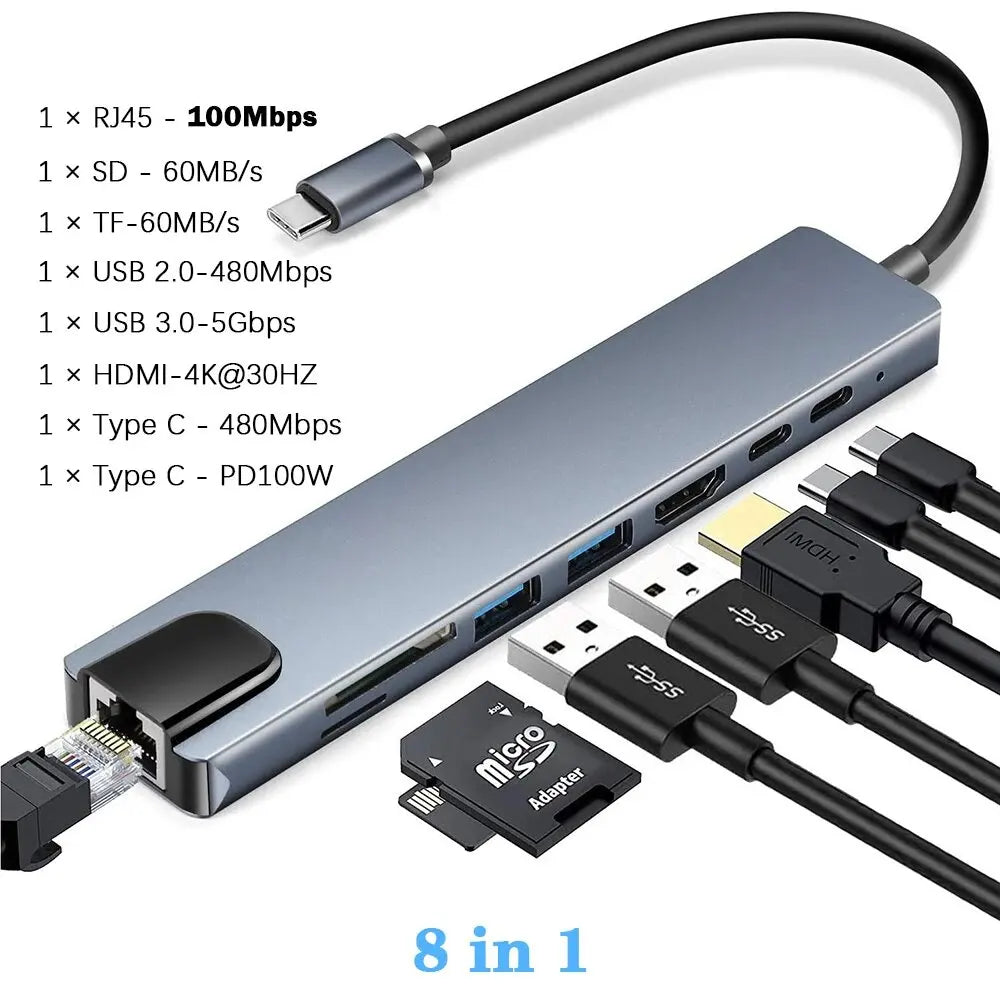 8-in-1 USB-C Docking Station – 4K HDMI, Gigabit-Style RJ45, SD/TF Card Reader, 100W PD