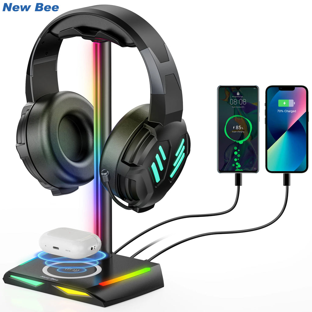 New Bee Z12 RGB Headphone Stand with 5W Qi Wireless Charging Base & USB Ports