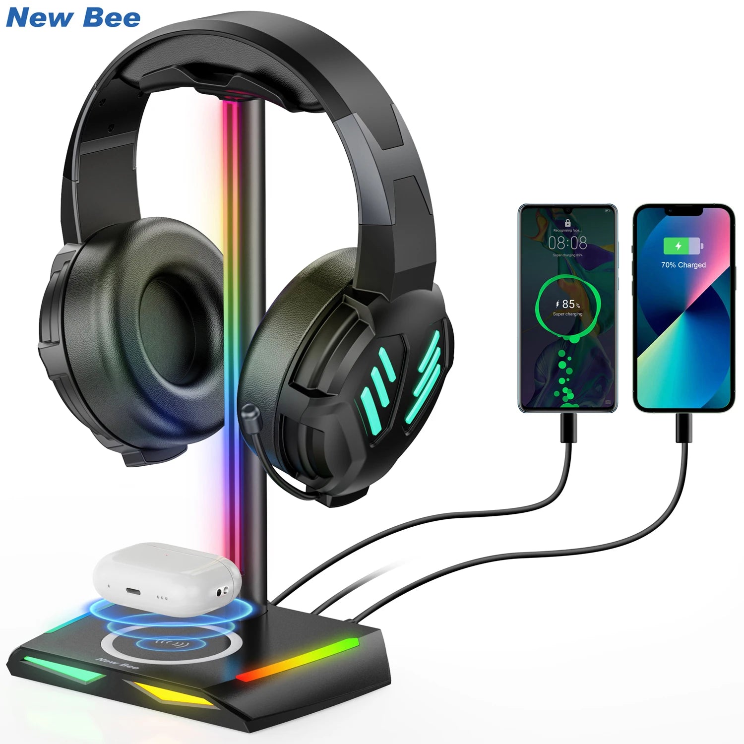 New Bee Z12 RGB Headphone Stand with 5W Qi Wireless Charging Base & USB Ports